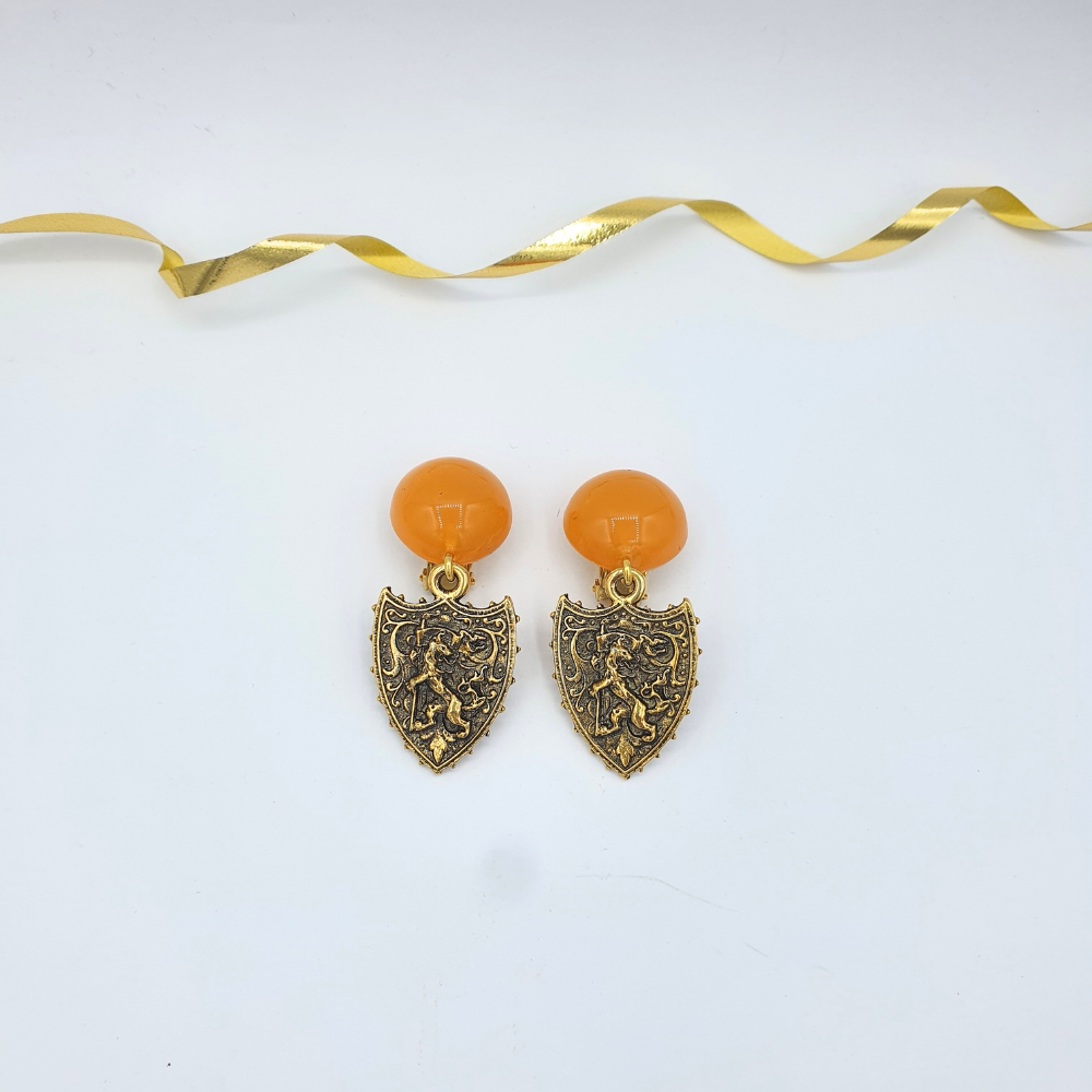 Giorgio Armani Vintage Earrings – Baroque Shield & Amber Cabochon