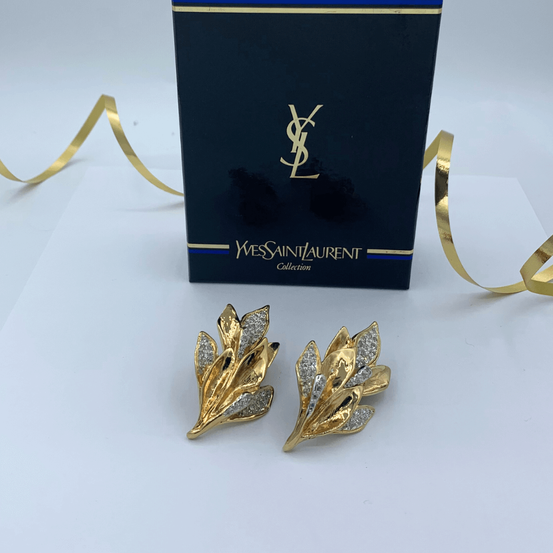 Vintage Yves Saint Laurent Crystal Leaf Clip Earrings – view 2