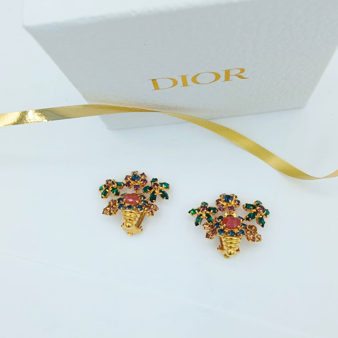 Vintage Christian Dior Flower Basket Crystal Clip Earrings 1971 – view 2