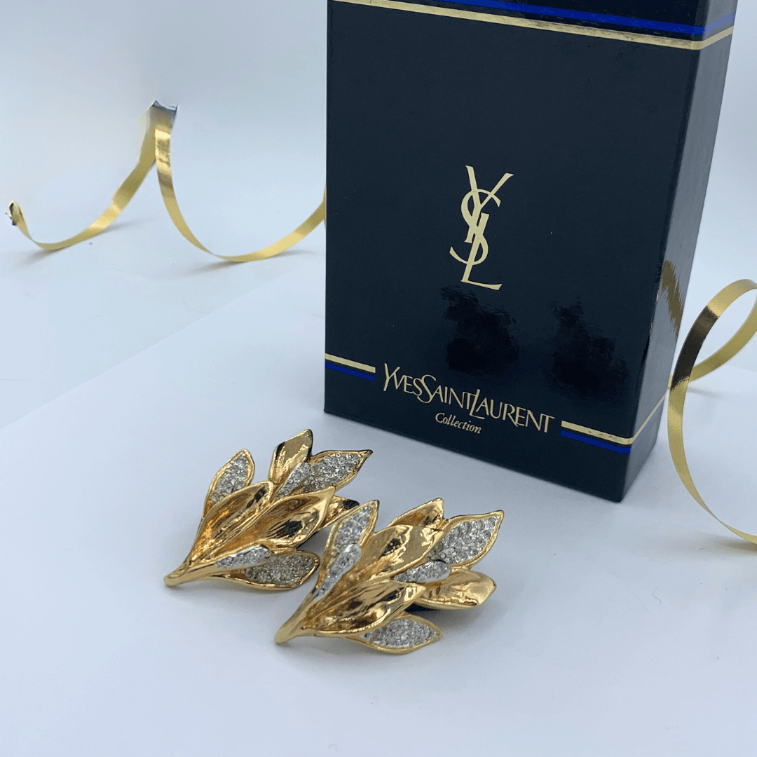 Vintage Yves Saint Laurent Crystal Leaf Clip Earrings