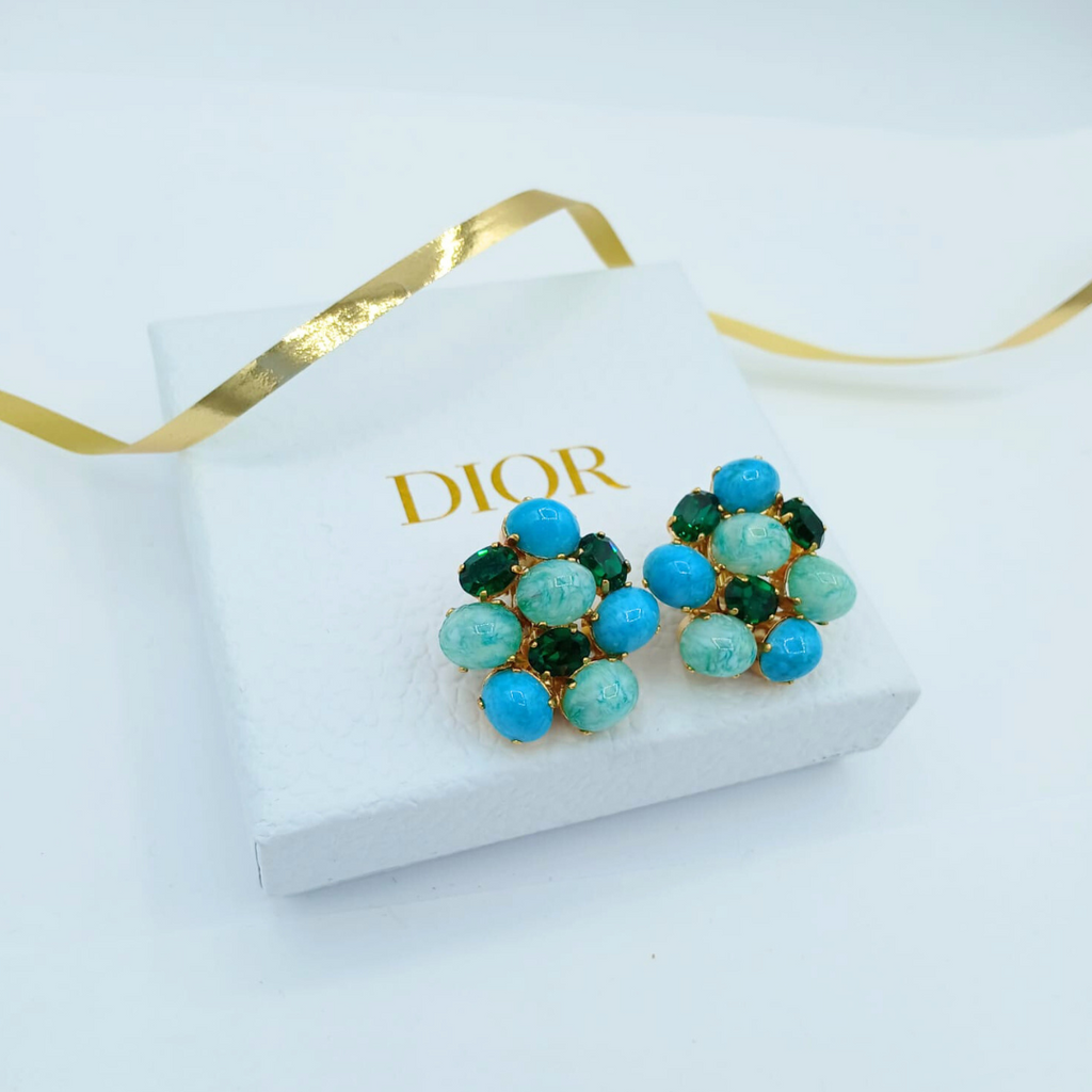 Vintage Christian Dior Flower-Shaped Cabochons Clip Earrings 1967 – view 4