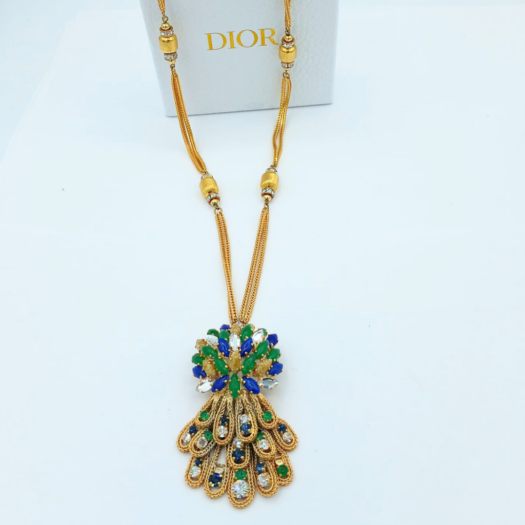Vintage Grosse for Christian Dior Long Peacock Feather Necklace 1965