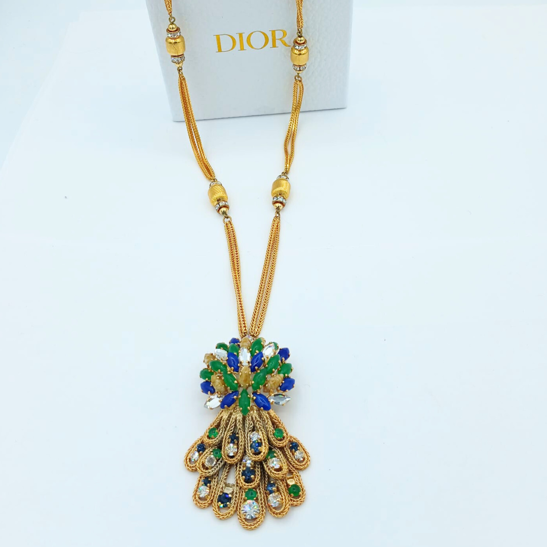 Vintage Grosse for Christian Dior Long Peacock Feather Necklace 1965