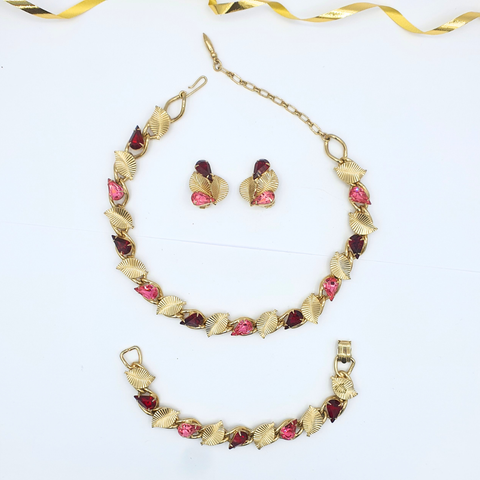 Vintage Coro – Leaf Motif Necklace with Pink & Burgundy Crystals – view 3