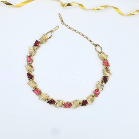 Vintage Coro – Leaf Motif Necklace with Pink & Burgundy Crystals