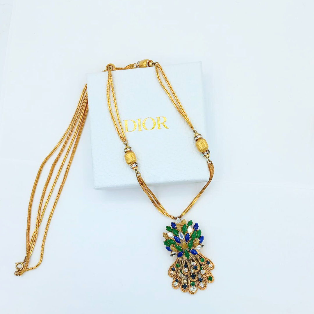Vintage Grosse for Christian Dior Long Peacock Feather Necklace 1965 – view 2
