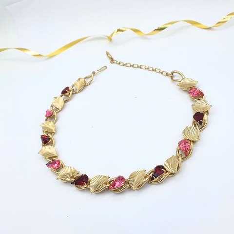 Vintage Coro – Leaf Motif Necklace with Pink & Burgundy Crystals – view 2
