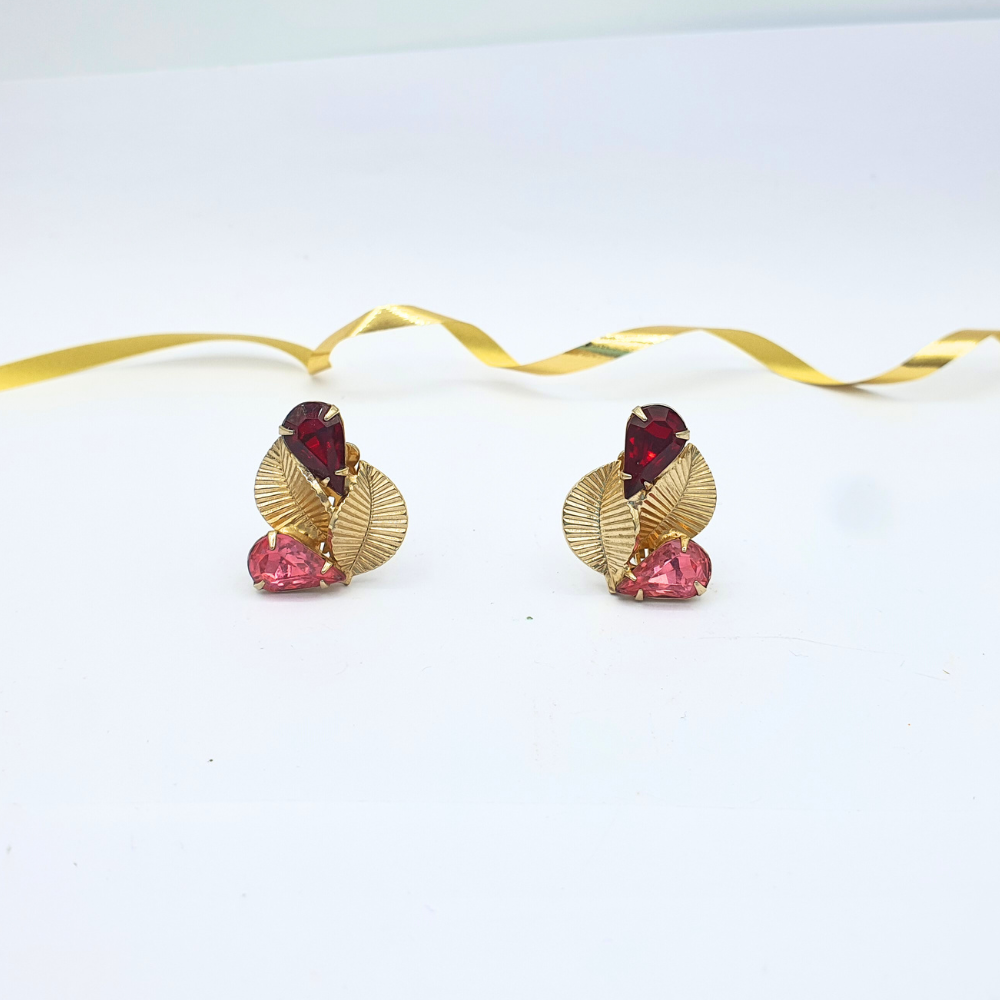Vintage Coro – Leaf Motif Earrings with Pink & Burgundy Crystals