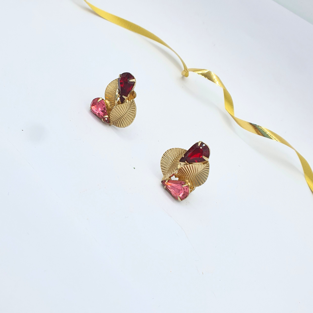 Vintage Coro – Leaf Motif Earrings with Pink & Burgundy Crystals – view 3