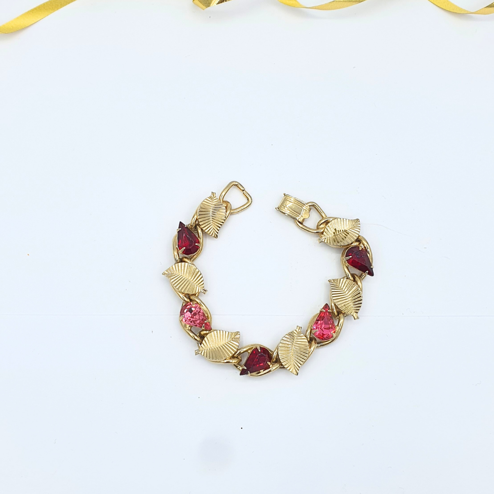Vintage Coro – Leaf Motif Bracelet with Pink & Burgundy Crystal