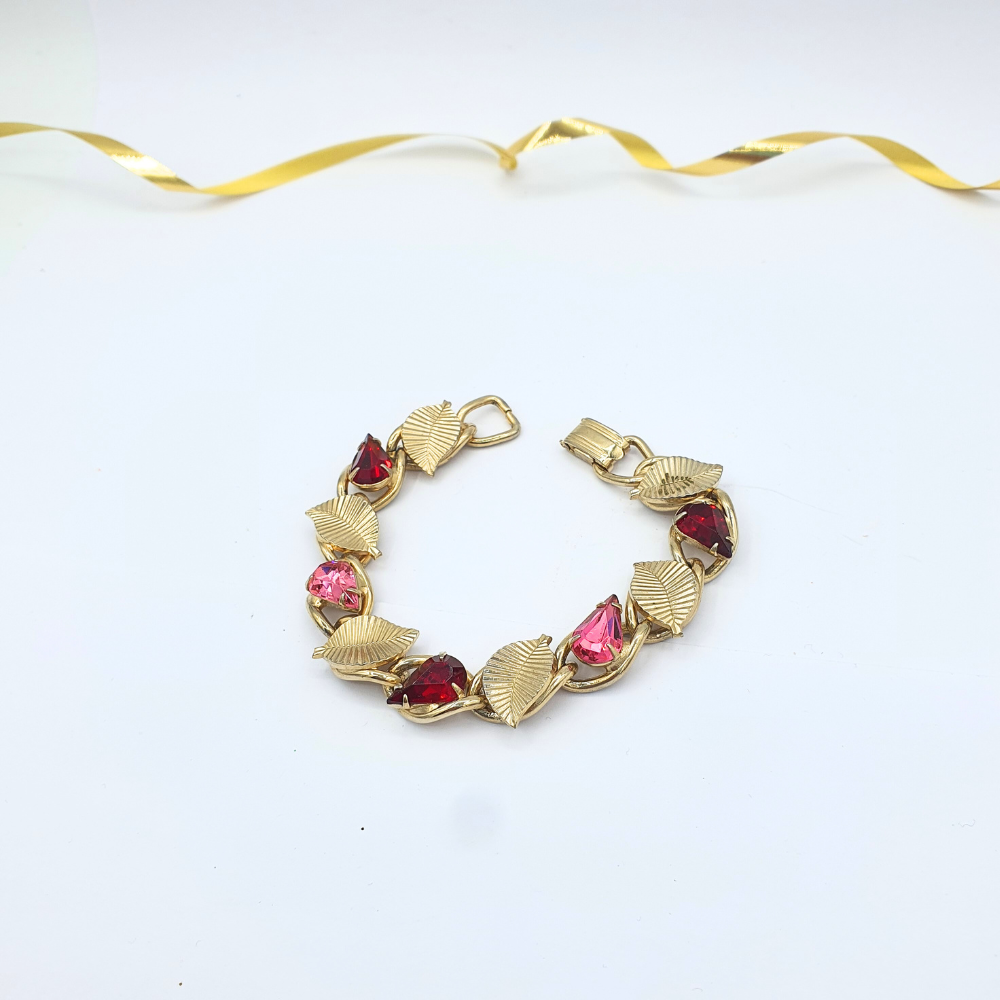 Vintage Coro – Leaf Motif Bracelet with Pink & Burgundy Crystal – view 3