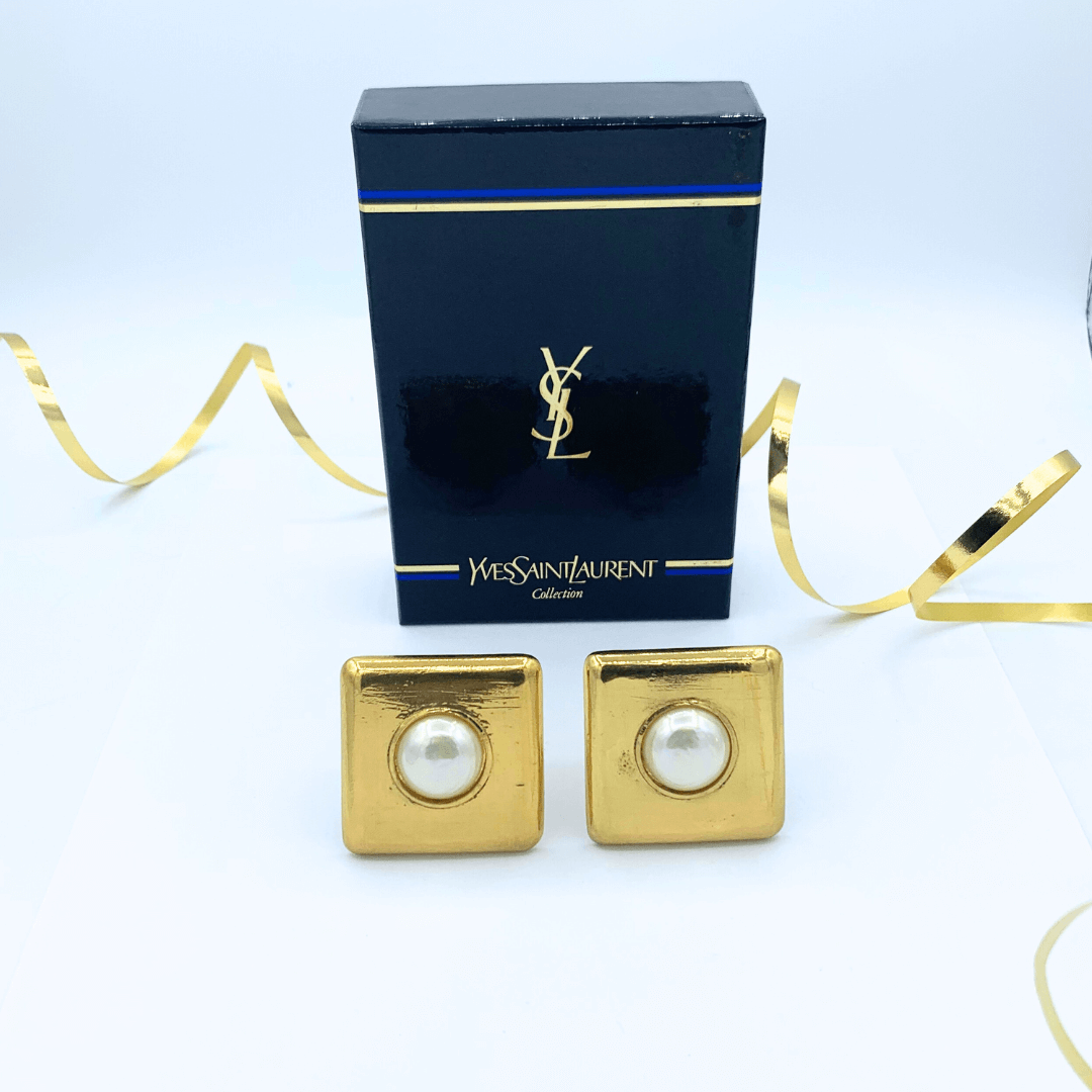 Vintage Yves Saint Laurent Square Faux Pearl Earrings