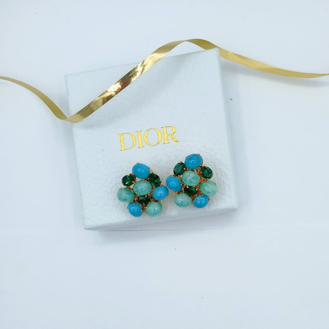 Vintage Christian Dior Flower-Shaped Cabochons Clip Earrings 1967 – view 2