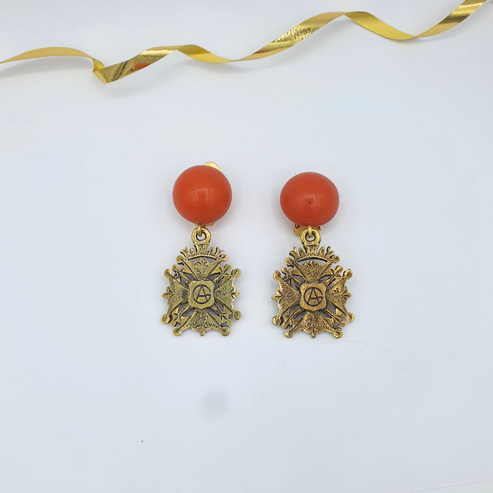Giorgio Armani Vintage Earrings – Baroque Crest & Coral Cabochon
