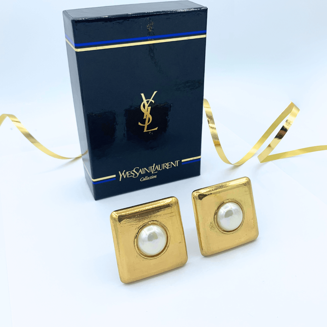 Vintage Yves Saint Laurent Square Faux Pearl Earrings – view 2
