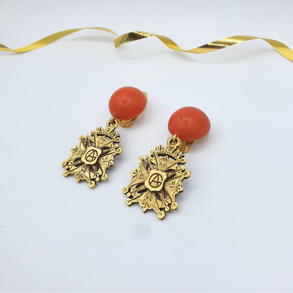 Giorgio Armani Vintage Earrings – Baroque Crest & Coral Cabochon – view 4