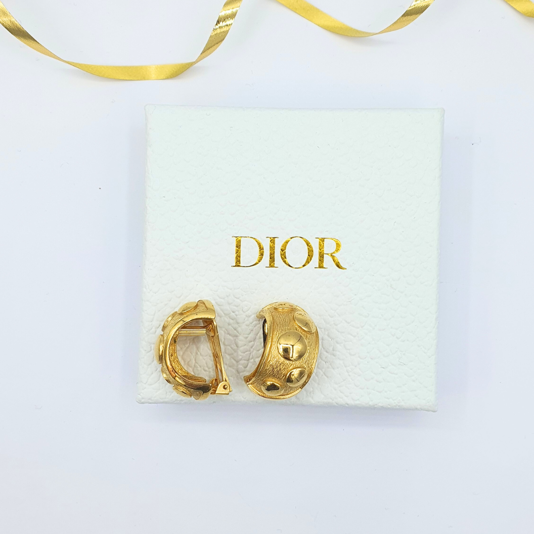 Vintage Christian Dior Brushed Gold Finish Domed Clip Earrings