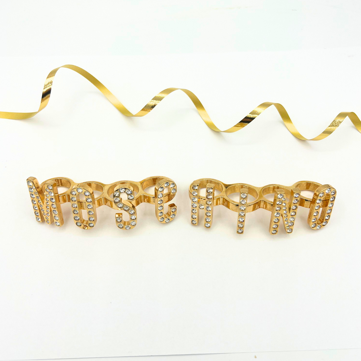 Vintage Moschino Chunky Logo Crystal Knuckle Ring Set