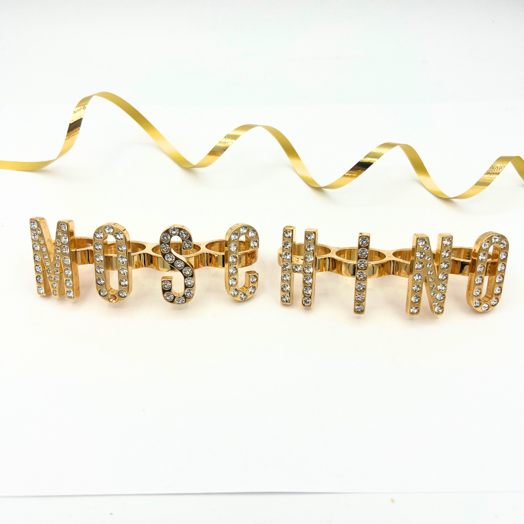 Vintage Moschino Chunky Logo Crystal Knuckle Ring Set – view 2
