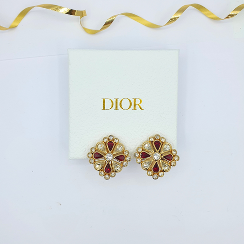 Christian Dior Rode Emaille Bloemmotief Clip Oorbellen