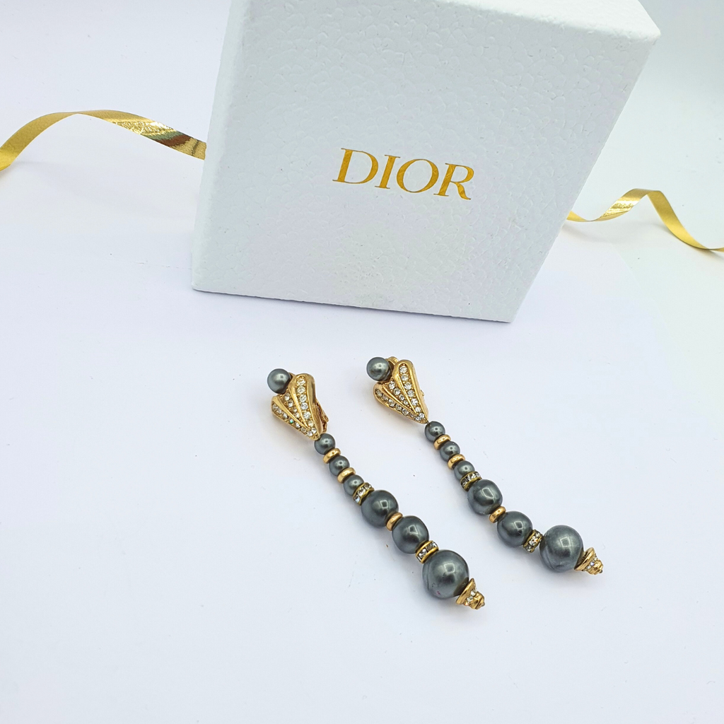 Vintage Christian Dior Long Elegant Faux Pearl Clip Earrings – view 2