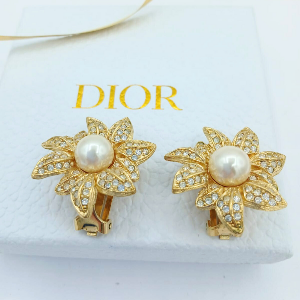 Vintage Christian Dior Open Flower Faux Pearl Earrings 1970s – view 4