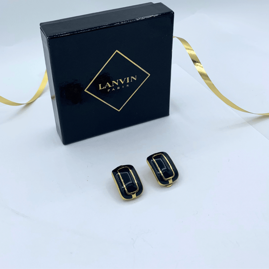 Vintage Lanvin Rectangular Black Gold-Framed Clip Earrings