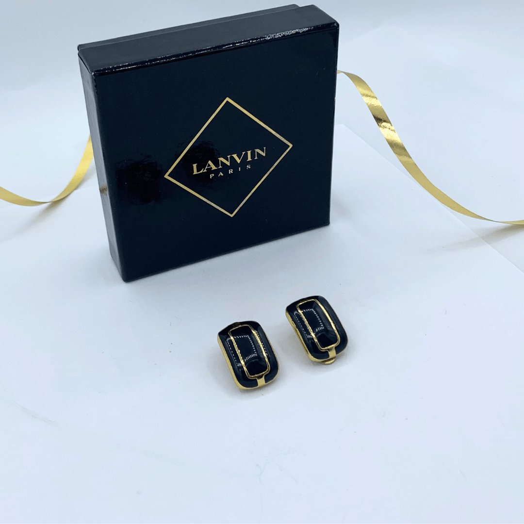 Vintage Lanvin Rectangular Black Gold-Framed Clip Earrings
