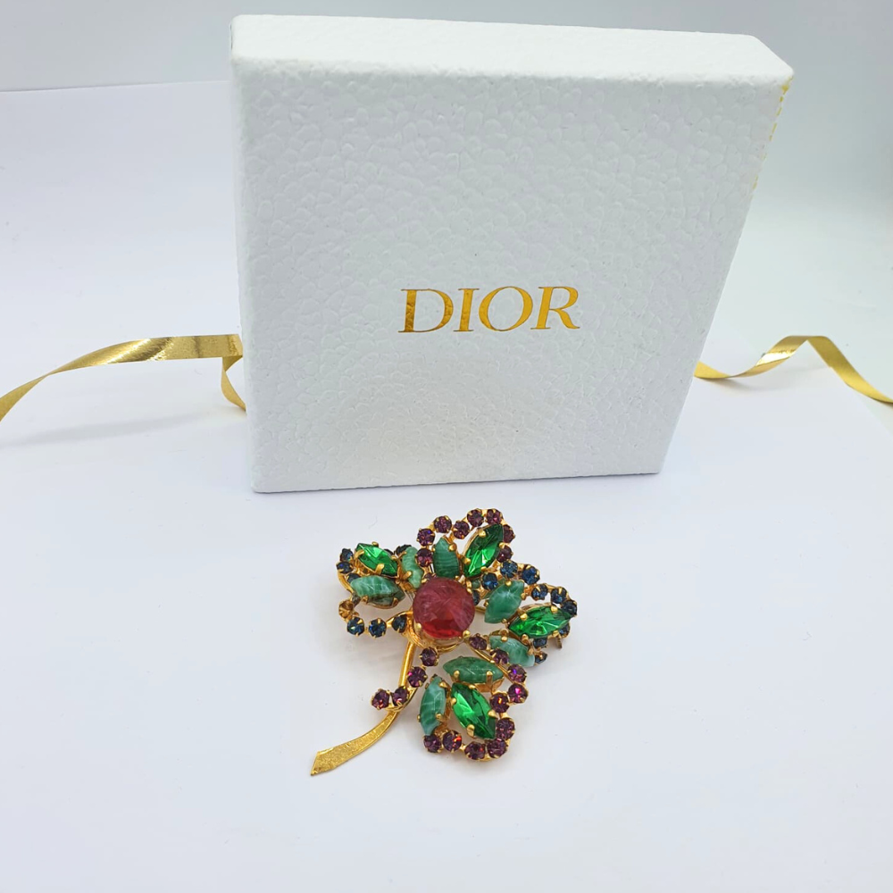 Vintage Signed Christian Dior Brooch – 1958 – Floral Motif with Crystals