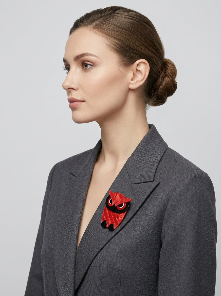 Vintage Lea Stein Owl Brooch in Rhodoid – worn by model