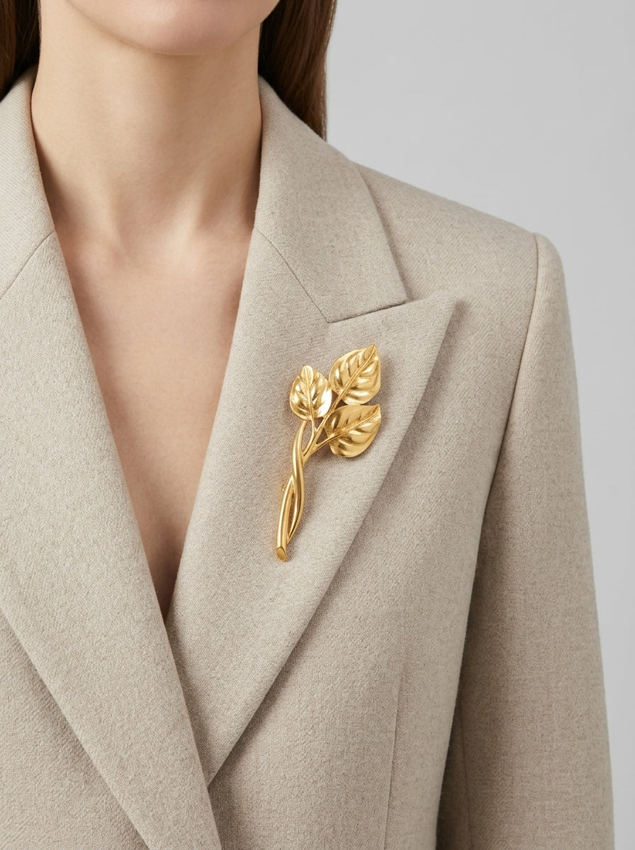 Vintage Trifari XL Gold Leaf Brooch – worn by model