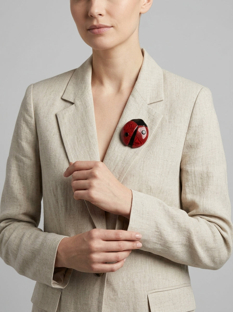 Vintage Lea Stein Ladybird Brooch in Rhodoid – worn by model