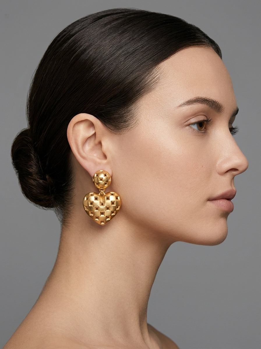 Vintage Escada Gold Heart Clip Earrings – worn by model