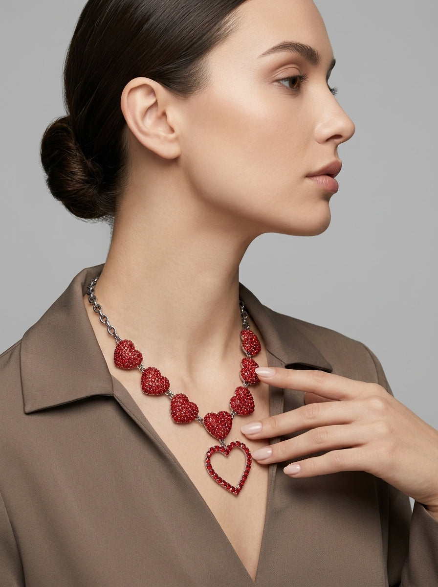 Vintage Moschino Red Hearts Statement Necklace – worn by model