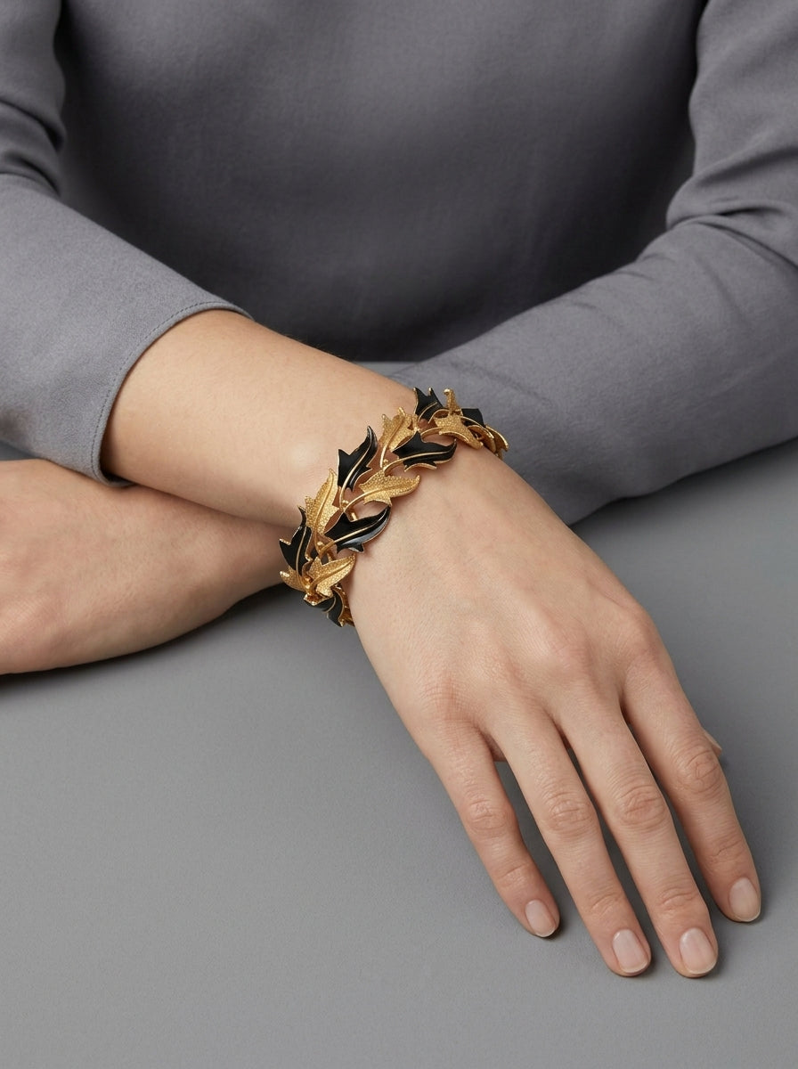 Vintage Trifari Black Enamel & Gold-Tone Leaf Statement Bracelet – worn by model