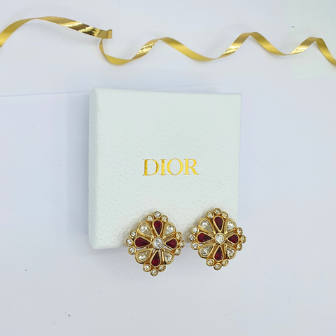 Christian Dior Rode Emaille Bloemmotief Clip Oorbellen