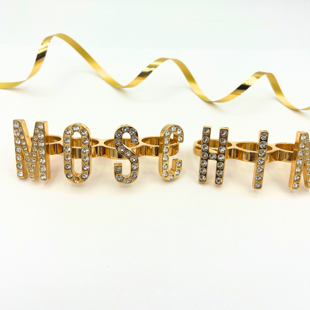 Vintage Moschino Chunky Logo Crystal Knuckle Ring Set – view 3