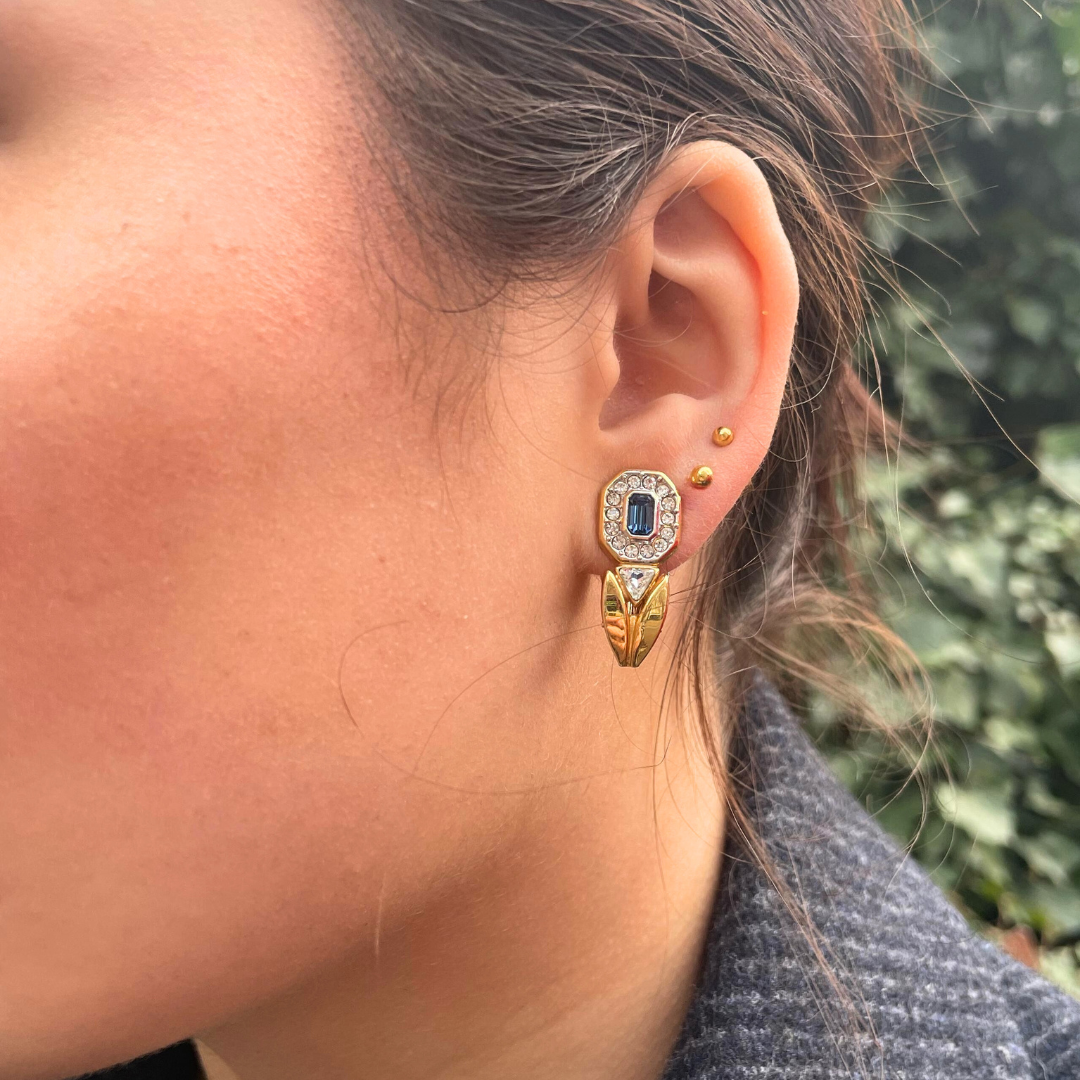 Vintage Lanvin Teardrop Clip Earrings Central Blue Stone – view 3