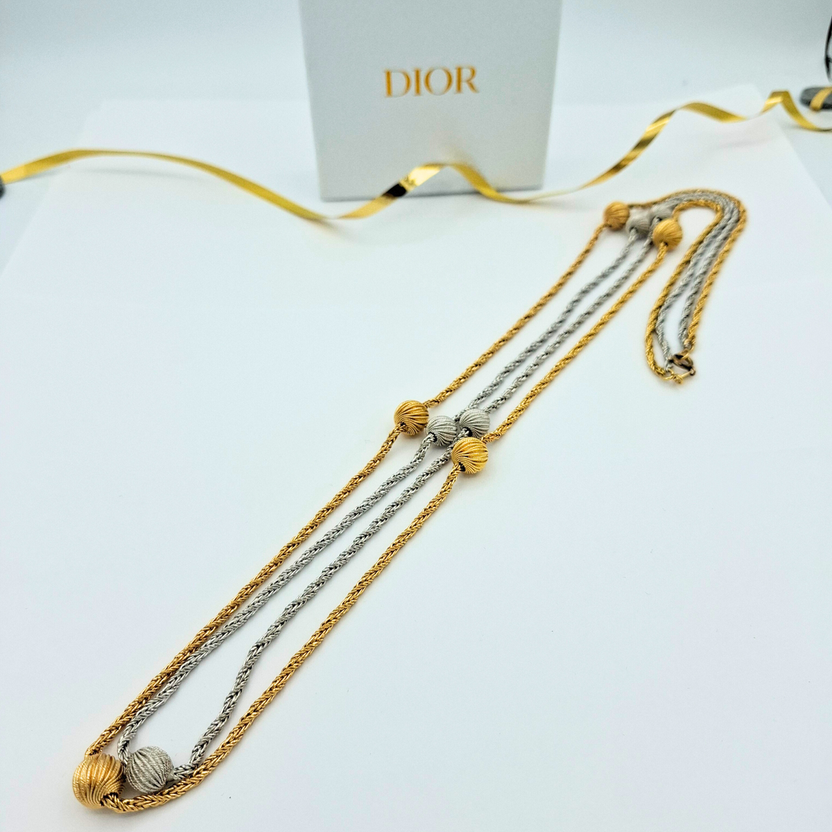Vintage Christian Dior Double Necklace with Ribbed Spheres