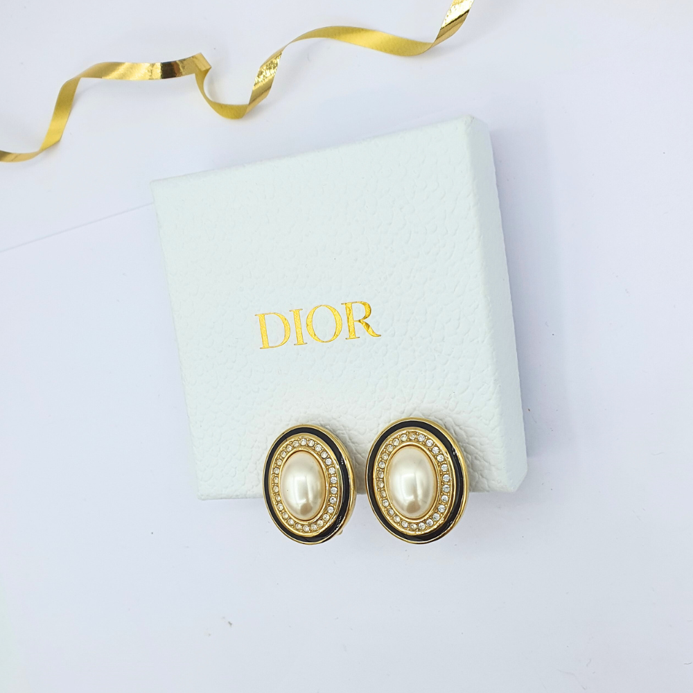 Vintage Christian Dior Oval Faux Pearl & Rhinestone Clip Earrings – view 4