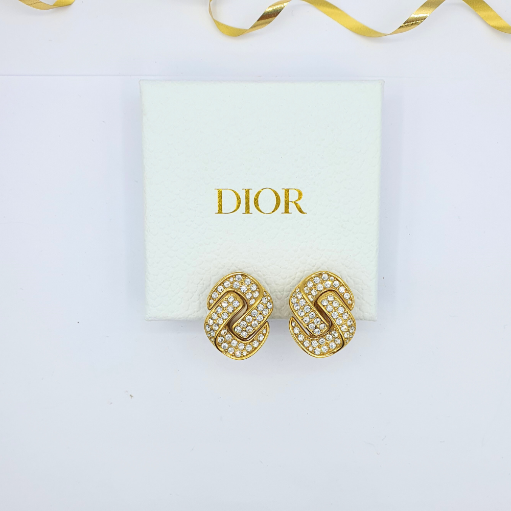 Vintage Christian Dior Knotted Rhinestone Motif Clip Earrings