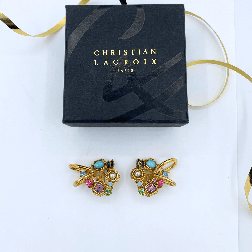Vintage Christian Lacroix Asymmetric Rainbow Clip Earrings