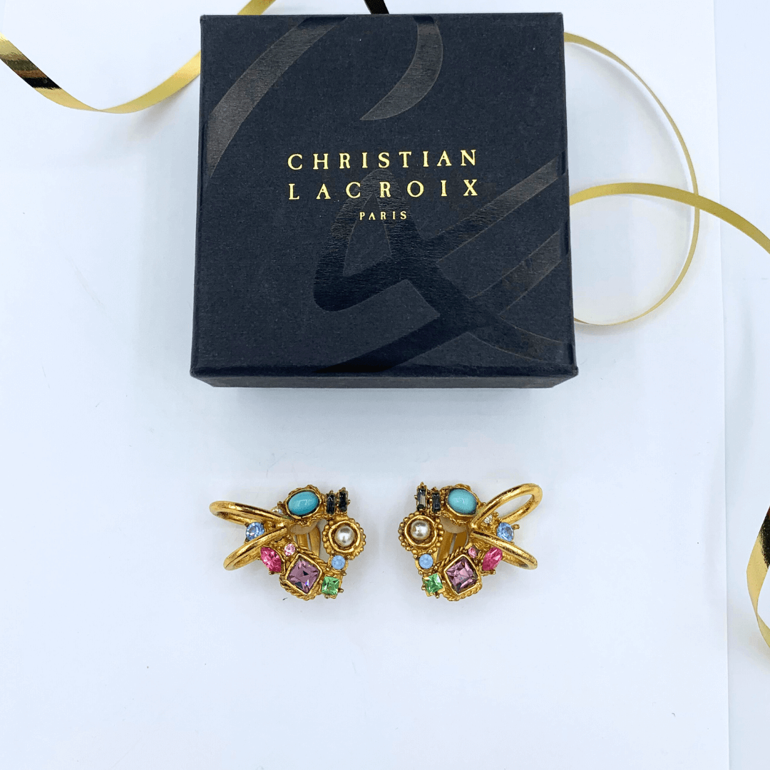 Vintage Christian Lacroix Asymmetric Rainbow Clip Earrings