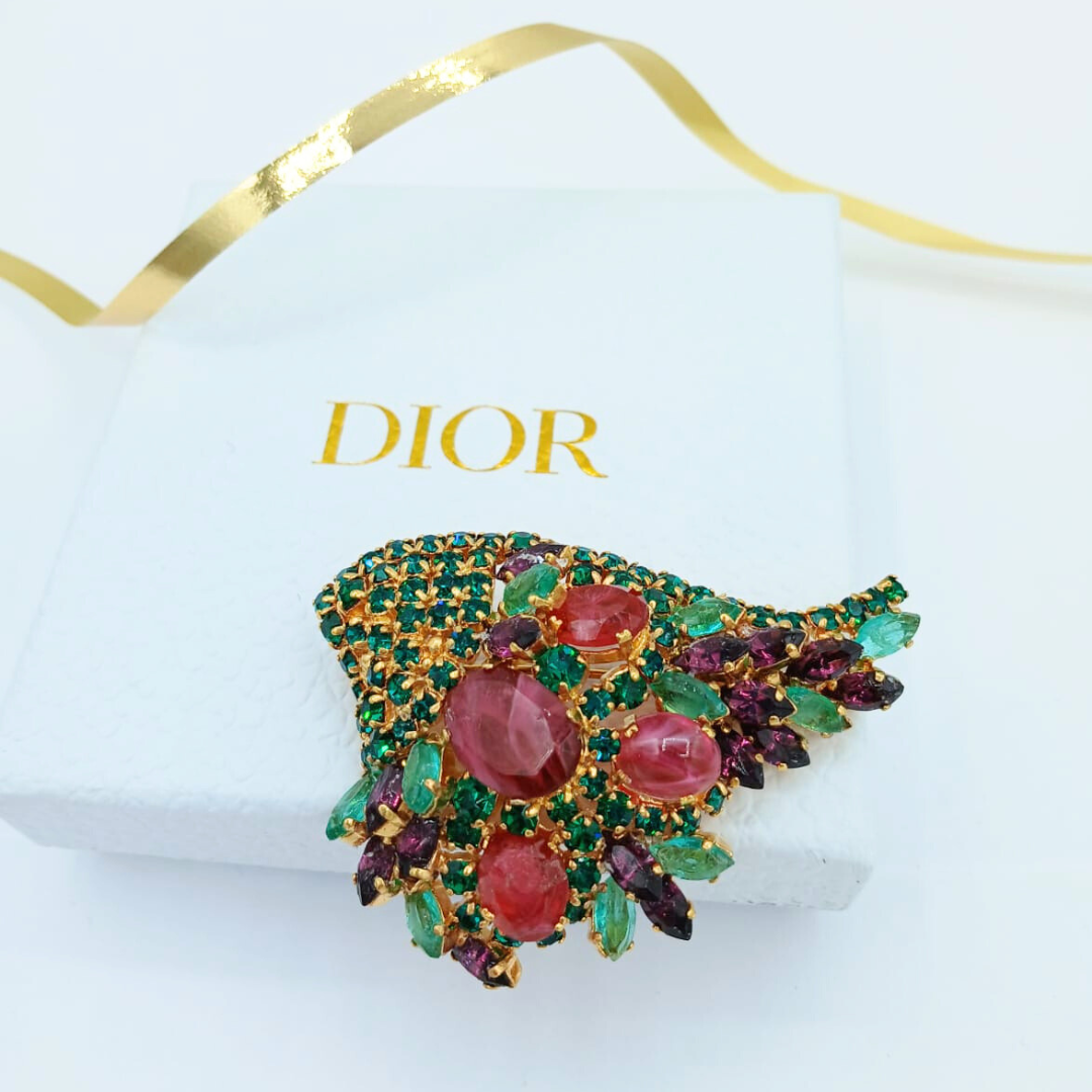 Vintage Christian Dior Crystal Flower Basket Brooch 1969 – view 3