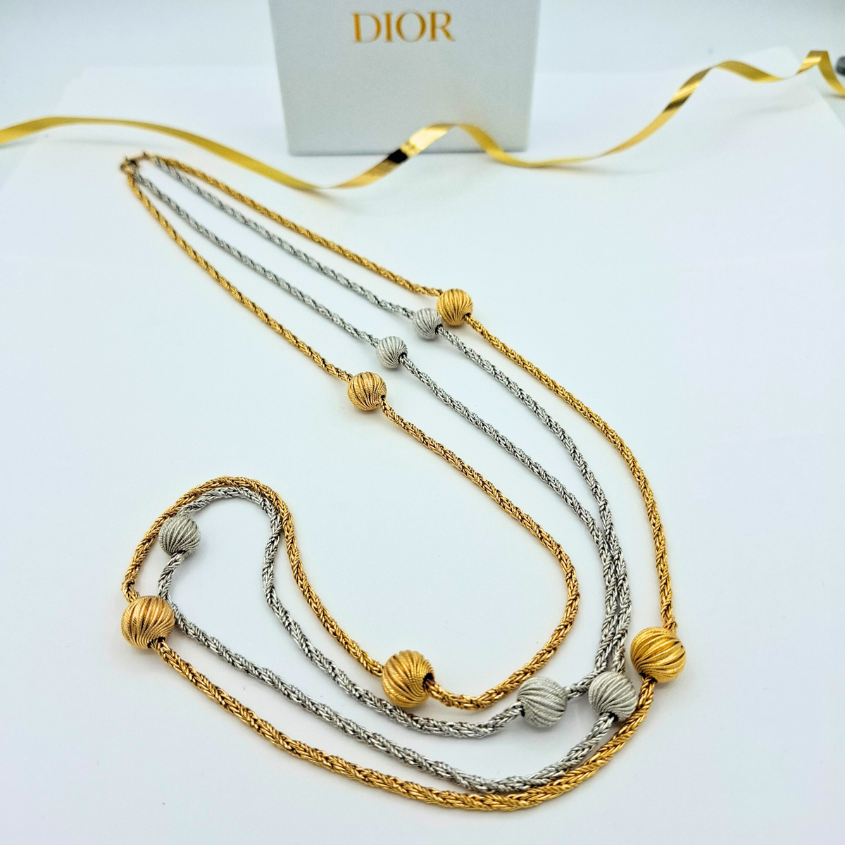 Vintage Christian Dior Double Necklace with Ribbed Spheres – view 3