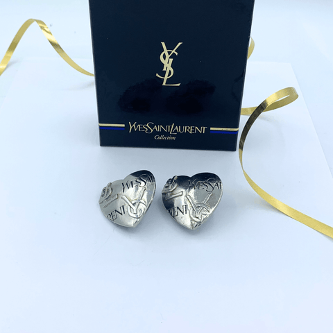 Vintage Yves Saint Laurent Logo Heart Shaped Clip Earrings