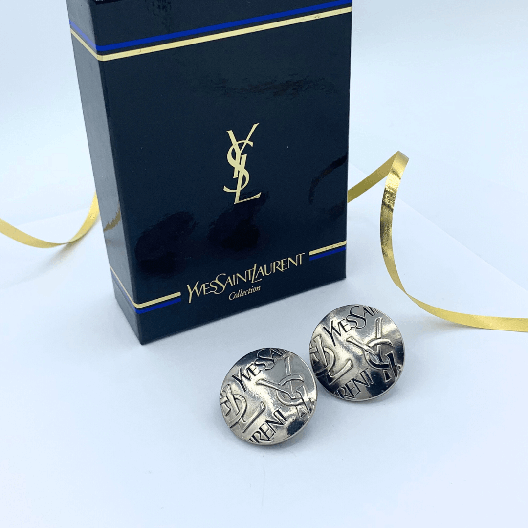 Vintage Yves Saint Laurent Logo Round Clip Earrings