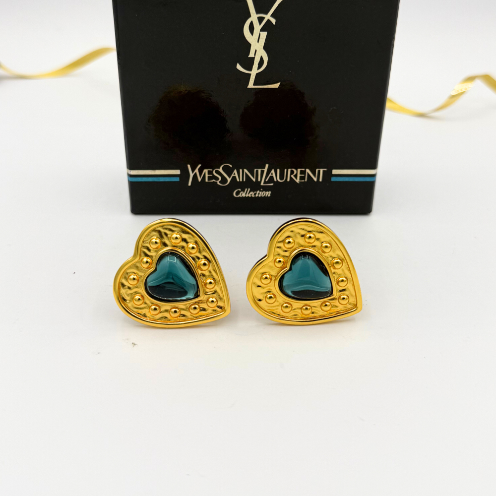 Vintage Yves Saint Laurent Heart-Shaped Deep Blue Cabochon Clip Earrings