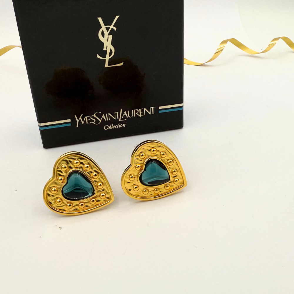 Vintage Yves Saint Laurent Heart-Shaped Deep Blue Cabochon Clip Earrings – view 3