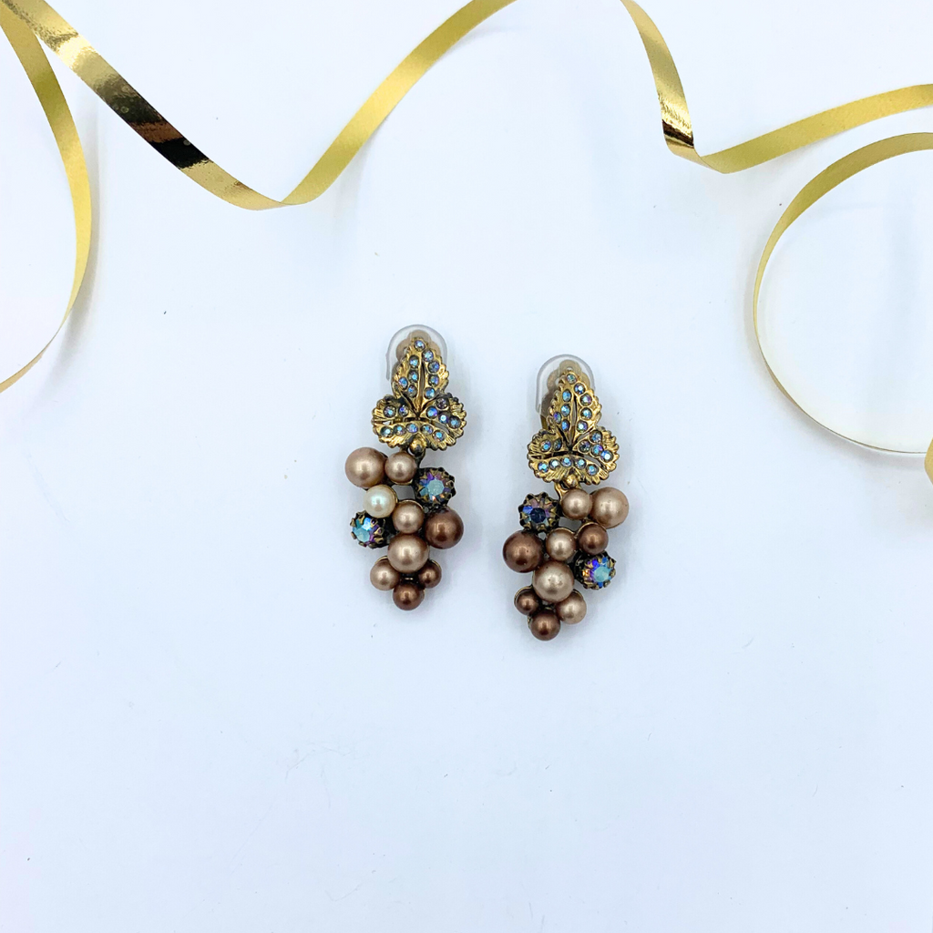 Vintage Schiaparelli Baroque Leaf Earrings with Pearl Clusters